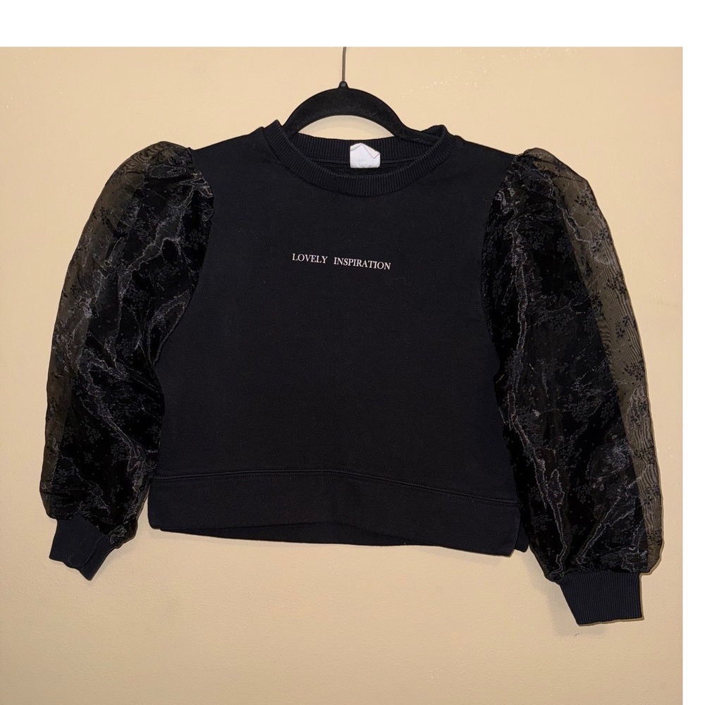 Zara Girls 10 Coquette Black Sweatshirt Sheer Floral Lace Puff Sleeve Balletcore
